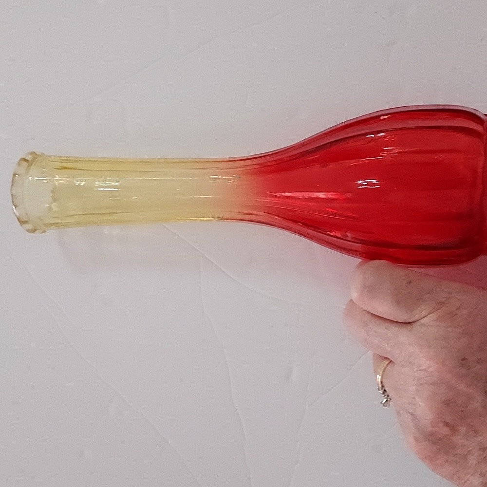 Vintage Jeanette Amberina Glass Vase,Red,Yellow.8 3/4in.Hx2 1/3inW.GUC.